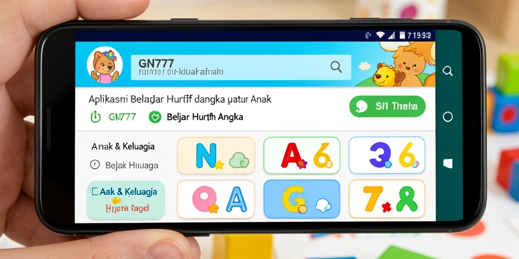 Tampilan antarmuka GN777 yang ramah anak untuk belajar huruf dan angka.